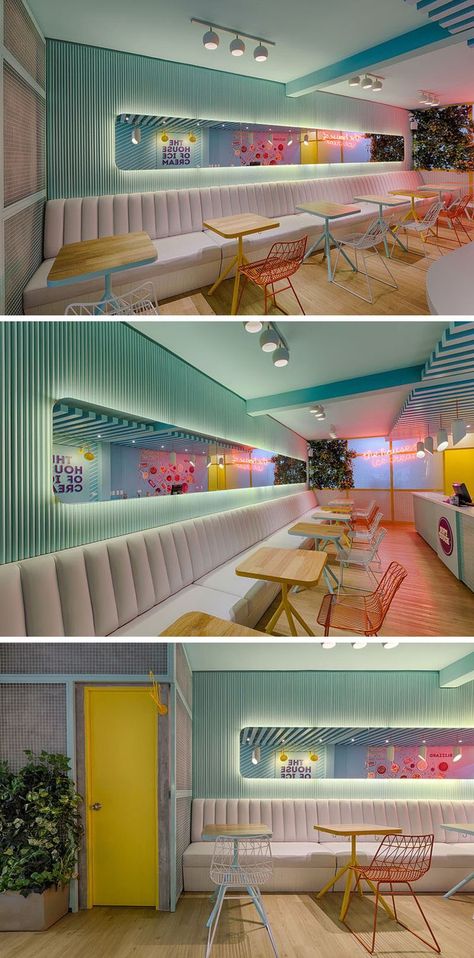 Store With House Above, Fun Cafe Interior, Ice Cream Store Aesthetic, Cool Restaurant Design, Horizontal Mirror, Colorful Cafe, Aesthetic Store, Ice Cream Store, Colorful Restaurant