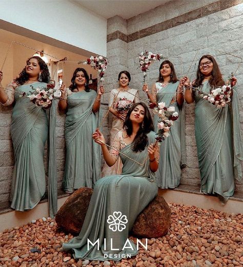 Kerala Bridesmaids Outfits, Bridemates Dress Indian, Bridal Maid Dress, Indian Wedding Bridesmaids, Farewell Saree, Green Sarees, Gown Dress Party Wear, Christian Bridal Saree, Bride Maids