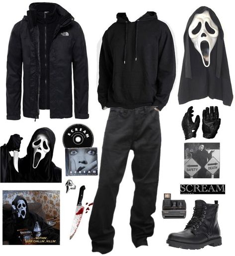 Ghostface Diy Costume, Horror Costume Ideas Men, Halloween Aesthetic Outfits Men, Ghostface Costume Aesthetic, Ghostface Costume Man, Scream Diy Costume, Scream Couple Costume Aesthetic, Scream Clothes Aesthetic, Ghostface Outfit Ideas