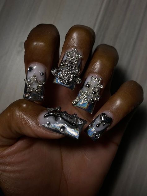 Silver Charm Nails, Silver Junk Nails, Chess Nail Art, Silver Duck Nails, Rasta Nails, Duck Nails, Drip Nails, Colored Acrylic Nails, Studded Nails