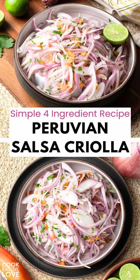 Add a burst of flavor to your meals with this quick 4 ingredient Salsa Criolla recipe! This healthy Peruvian-inspired topping is the perfect addition to salads, burgers, or even tacos. Made with fresh onions, peppers, and a zesty lime dressing, it's a simple yet delicious way to enhance your dishes. Ideal for meal prep, this vibrant salsa will add a refreshing taste to your meals. #salsacriolla #easysidedishes Salsa Criolla Peruvian, Peruvian Tacos, Peruvian Side Dishes, Peruvian Recipes Authentic, Peruvian Salsa, Peruvian Salad, Peruvian Food Recipes, Mayan Food, Latino Recipes