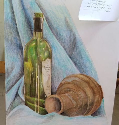 Colour Pencil Still Life Drawings, Color Pencil Still Life, Still Life Drawing Colour, Wine Bottle Drawing, Pencil Color Drawing, Earth Drawings, Color Pencil Sketch, Bottle Drawing, Fruits Drawing