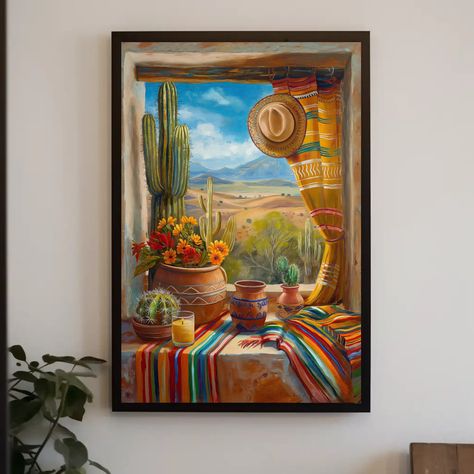 Enhance your space with this vibrant Mexican village window canvas painting. Perfect as a cultural gift, this stunning piece brings the charm and color of a traditional Mexican village into your home, beautifully framed and ready to hang. *Captivating depiction of a Mexican village window scene *High-quality canvas with vivid, lasting colors *Framed and ready to hang, no assembly required *Ideal for living rooms, kitchens, or offices *Adds a lively, cultural touch to your decor 🎨 Elevate Your S Mexican Wall Art Home Decor, Window Canvas Painting, Mexican Art Traditional, Rustic Mexican Home Decor, Mexican Paintings Ideas, Mexican Home Decor Modern, Mexican Farmhouse Decor, Mexican Village, Modern Mexican Home Decor