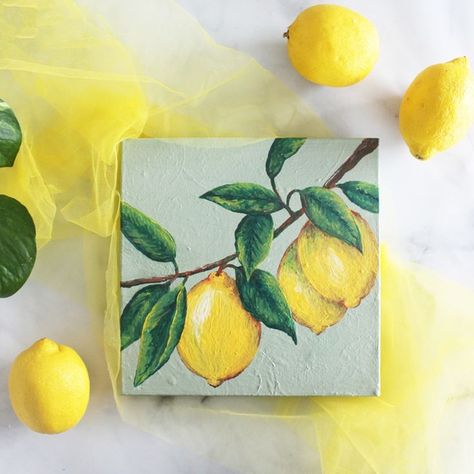 Painted with Acrylic by Artist Evelyn Gold Lemon Gouache Painting, Painting Ideas Lemons, Lemon Acrylic Paintings, 4x4 Paintings Ideas, Lemon Canvas Painting, Fruit Painting Acrylic, Painting Lemons, Lemon Canvas, Lemons Painting