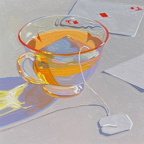 “a little ☕️” Motivating Art, Simple Oil Painting, Oil Painting Still Life, Painting Inspo, Art Inspiration Painting, Painting Art Projects, Wood Panel, Colorful Paintings, Cup Of Tea