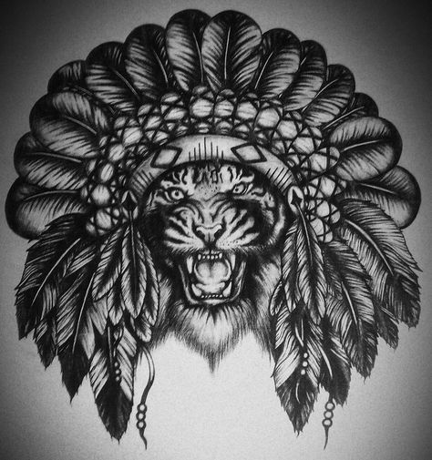 Chief Tiger Tattoo Indian Headdress Tattoo, Outdoor Tattoo, Headdress Tattoo, Native American Tattoos, Indian Headdress, Best Sleeve Tattoos, Tiger Art, Tiger Tattoo, Chest Tattoo