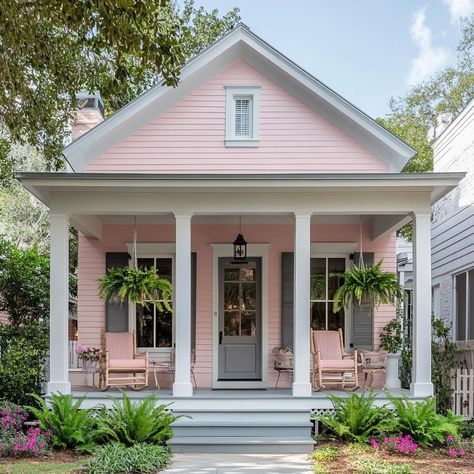 Pink And White House Exterior, Pink House White Trim, Dusty Pink House Exterior, Pink Home Exterior, Pink Houses Exterior, White House Pink Door, Pink House Exterior, Pink Beach House, Pink Places