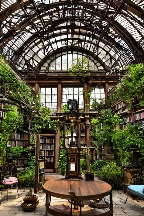 Greenhouse Library Aesthetic, Greenhouse Bookstore, Ornate Greenhouse, Solarium Library, Greenhouse Addition To House, Tropical Library, Conservatory Library, Conservatory Aesthetic, Witchy Greenhouse