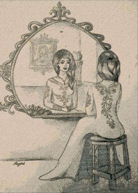 Pencil sketch, own imagination,mirror reflection drawing etc. Reflection Drawing Mirror, Woman Looking In The Mirror Drawing, Vanity Mirror Drawing, Imagination Drawing Creative, How To Draw Mirror Reflection, Mirror Sketch Pencil Drawings, Girl Looking In Mirror Sketch, Body Dismporhia Mirror Drawing, Girl Looking In Mirror Drawing