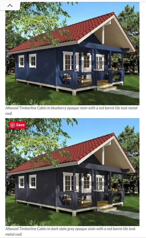 Slate Colored House Exterior, Blue House Brown Roof, Blue House With Red Roof, Exterior Cabin Colors, Red Roof House Colors, Navy Blue House Exterior, Gray Exterior Paint, House Exterior Colors Blue, Cabin Colors