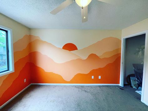 Orange Mountain Mural, Sunset Wall Bedroom, Paint Wall Art Ideas, Wall Painting Sunset, Orange Wall Mural Ideas, Sunset Wall Painting Bedrooms, Mountain Wall Painting Diy, Room Wall Painting Designs, Sunset Room Ideas