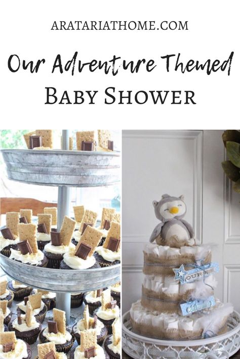 Our Adventure Themed Baby Shower — Aratari At Home Hiking Theme Baby Shower Ideas, Adventure Themed Baby Shower Ideas, Adventure Baby Shower Ideas, Adventure Theme Baby Shower Ideas, Let The Adventure Begin Baby Shower Boys, Adventure Awaits Baby Shower Ideas, Mountain Baby Shower Theme, Adventure Baby Shower Theme, Baby Shower Neutral