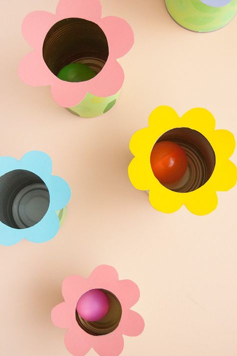 Easy-to-Make Flower Tin Can Toss Game | Handmade Charlotte Flower Party Games, Ball Toss Game, Folk Art Acrylic Paint, Flower Toss, Flower Games, Green Tissue Paper, Tin Flowers, Handmade Charlotte, Simple Leaf