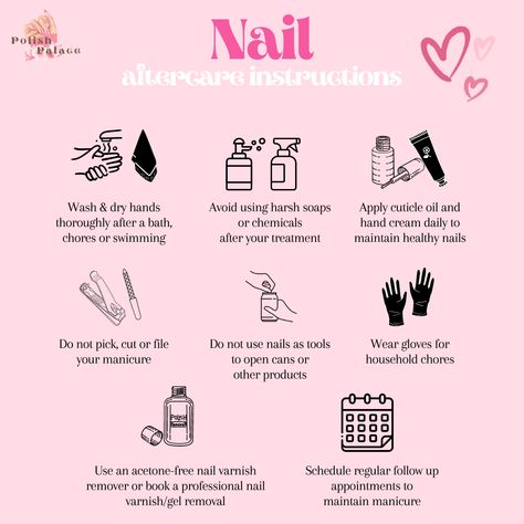 Nail aftercare instructions💗💫 Nail Aftercare Advice, Nail Post Ideas, Nail Marketing Ideas, Nail Booking Site Ideas, Nail Aftercare Kit, Nail Policy Ideas, Manicure Aftercare, Nail Advice, Nail Aftercare