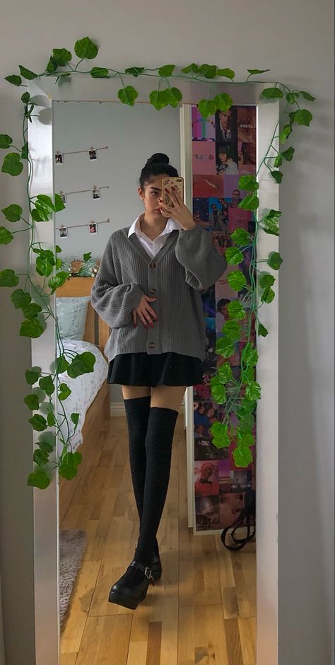 Outfit picture: grey cardigan over white collar shirt with black skirt and knee high black socks. Wearing heel Mary Jane shoes. Bookstore Fits, Bookstore Date, Luxury Room, Luxury Room Bedroom, Luxury Rooms, Bookstore, Modest Fashion, Room Bedroom, Room Decor