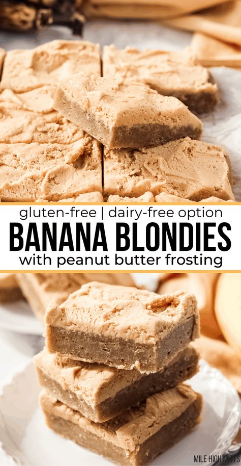 Banana Blondies are a fun twist on a classic blondie! Like banana bread combined with blondies, they're thick, filled with banana flavor, and have an almost fudgy-like texture. This recipe is topped with a peanut butter frosting, so you can't go wrong! Easily made gluten-free and dairy-free. Banana Blondies, Blondie Recipe, Banana Dessert Recipes, Blondies Recipe, Banana Dessert, Peanut Butter Frosting, Gluten Free Brownies, Gluten Free Banana, Gluten Free Desserts Recipes