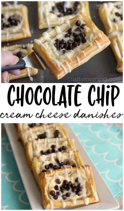 Chocolate chip cream cheese danishes recipe a yummy dessert idea. #chocolate #chocolatedesserts #chocolaterecipes #creamcheese #danishes #chocolatedanishes #chocolatechipdanishes #creamcheesedanishes #dessert Phyllo Cream Cheese Dessert, Phyllo Dough And Cream Cheese Recipes, Danishes Recipe, Cream Cheese Danishes, Chocolate Chip Cream Cheese, Cheese Danishes, Cream Cheese Danish Recipe, Danish Dessert, Phyllo Dough Recipes