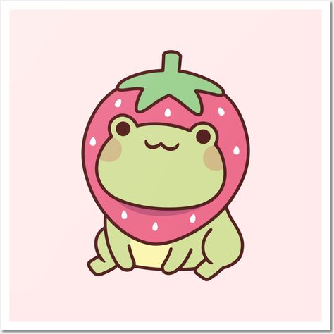 A doodle of a cute frog with a strawberry hat headgear. Adorable froggy for frog lovers! ♥ -- Choose from our vast selection of art prints and posters to match with your desired size to make the perfect print or poster. Pick your favorite: Movies, TV Shows, Art, and so much more! Available in mini, small, medium, large, and extra-large depending on the design. For men, women, and children. Perfect for decoration. Frog With Strawberry On Head, Cute Strawberries Drawing, Kawaii Art Projects, Cute Kawaii Posters, Cute Frog Embroidery, Small Cute Drawings Aesthetic, Strawberry Art Cute, Cute Frog Doodles, Doodle Strawberry