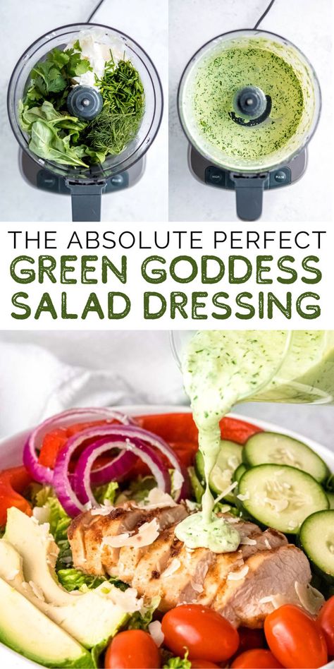 If you like herby, creamy dressing, this Green Goddess recipe is PERFECT for you! This greek yogurt dressing recipe is incredibly flavorful with tons of fresh herbs like cilantro, basil, dill, and chives. It's perfect on a salad with chicken, works great as a dip for veggies, and will stay fresh all week in the fridge for lunches! Simple Salad Dressings, Salad With Dill Dressing, Greek Goddess Salad Dressing, Greek Goddess Dressing Recipe, Fresh Herb Salad Dressing, Green Dressing For Salad, Green Goddess Dressing Recipe Healthy, Recipes With Dill Herb, Green Goodness Salad Dressing