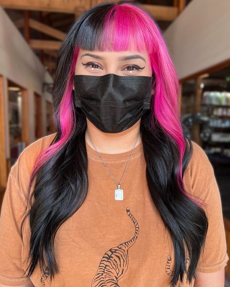 Vibrant Color Block Hair, Purple Color Blocking Hair, Color Block Curtain Bangs, Color Block Hair Placement, Block Hair Colour, Split Bangs Color, Color Block Bangs Hair, Color Block Hair With Bangs, Split Dyed Hair Ideas