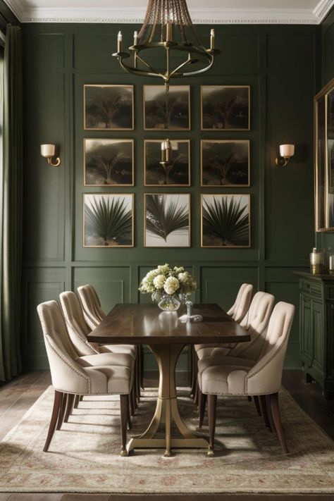 Dark Green Wallpaper Dining Room, Dark Wall Dining Room, Dining Room With Dark Furniture, Dark Green Dining Room Walls, Cozy House Bedroom, Olive Green Dining Room, Monochromatic Dining Room, Earthy Furniture, Dark Green Dining Room