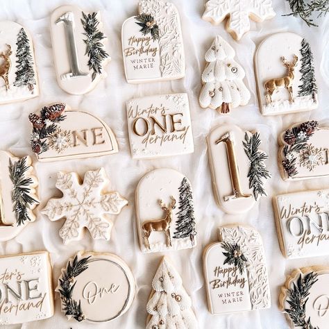 Bess Boname | Winter’s ONEderland! ❄️✨🦌🌲 LOVED making these beauties for Winter’s 1st Birthday party! Such a perfect theme for a Christmas… | Instagram Winter Onederland Party Food, Wedding Day Brunch, First Birthday Winter, Winter Onederland Party, Cookies Theme, Christmas Instagram, Winter Onederland Birthday, Sugar Cookie Designs, Christmas Baby Shower