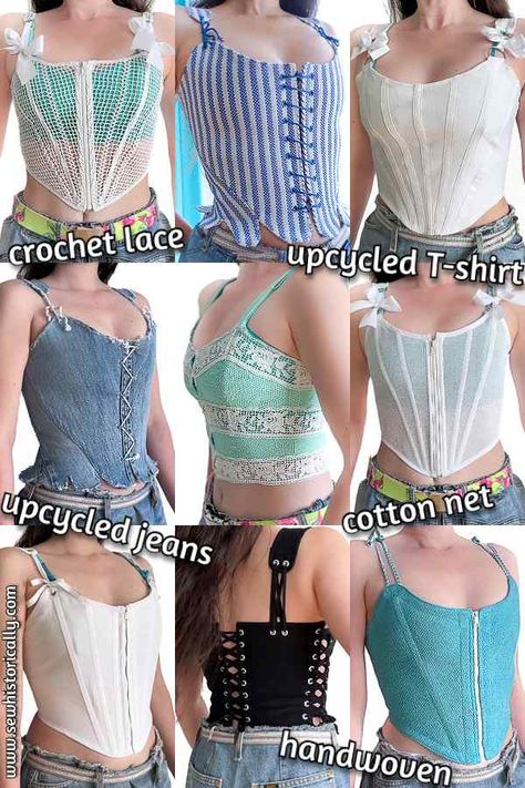 7 DIY Corset Top Tutorials - Upcycled Jeans, Stretch & Crochet Lace - Sew Historically Housewife Clothes, Diy Lace Tank Top, Corset Top Diy, Jeans Diy Upcycle, Diy Corset Top, Corset Diy, Corset Tutorial, Lace Tutorial, Straight Stitch Sewing