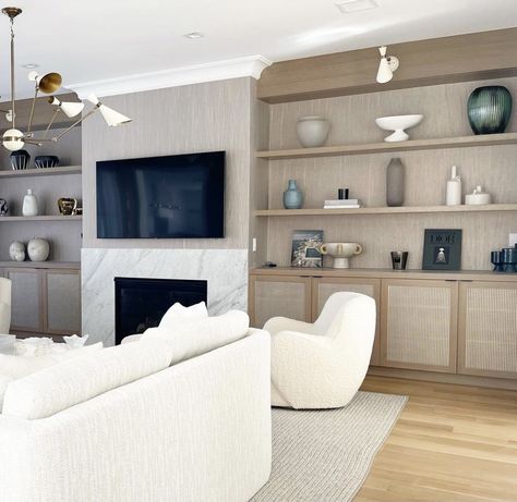 Tv Millwork, Built In Wall Units, Mantel Styling, Millwork Wall, Tv Built In, Wall Unit Designs, Built In Shelves Living Room, Living Room Built Ins, Shelves Living Room