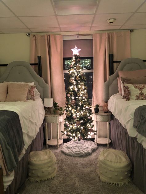 Christmas decor! Christmas Decor Bedroom Teenage, Christmas Decor Dorm Room, Xmas Dorm Decorations, Christmas Room Decor Twin Bed, Christmas Trees Small For A Childs Bedromm, College Dorm Decor, Decor For Christmas, Dorm Decor, College Dorm