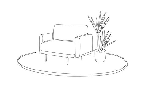 Furniture Line Drawing, Living And Office Room, Armchair Illustration, Armchair Drawing, Couch Drawing, Sketch Room, Office Room Interior, Minimalist Bujo, Vector Furniture