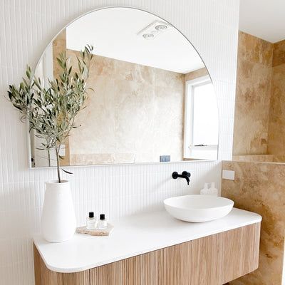 Arc Mirror, White Wall Mirrors, Arch Mirror, White Vanity, Mirror With Shelf, Main Bathroom, Bathroom Inspo, Bathroom Renos, House Bathroom