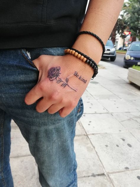 Small Rose Hand Tattoo, Rose Tattoo Realistic, Be Kind Tattoo, Tattoo Ideas Rose, Legend Tattoo, Typing Hacks, Fist Tattoo, Tattooed Hands, Kind Tattoo