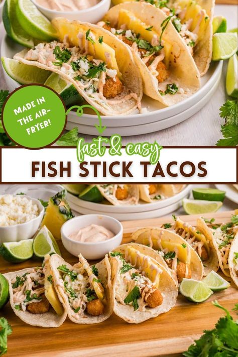 Get ready to enjoy another flavor mashup with our Air Fryer Fish Stick Tacos recipe. Featuring crispy, air-fried fish that's perfectly seasoned and served in warm tortillas, these tacos are topped with a refreshing and creamy slaw and a zesty lime crema. It's a quick and easy dinner option that brings the flavors of a food truck favorite right to your dinner table. Fish Stick Tacos With Cabbage Slaw, Fish Sticks Tacos, Fishstick Recipes, Fish Tacos With Fish Sticks, Fish Taco Recipe Easy, Fish Stick Taco, Fish Stick Dinner Ideas, Recipes With Fish Sticks, Fish Stick Tacos