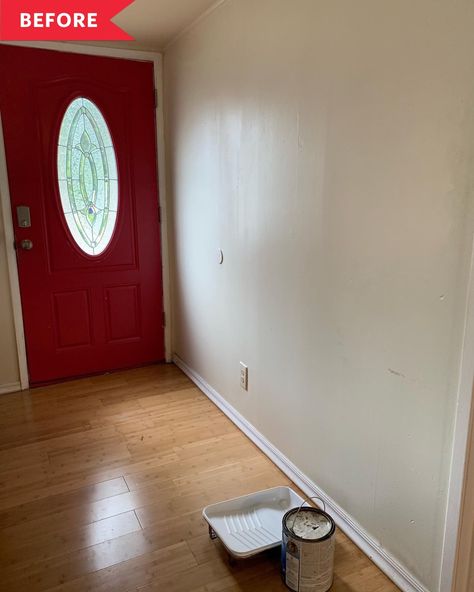 Budget Entry Accent Wall Redo - Fun Idea for Entryway Design | Apartment Therapy Foyer Accent Wall, Tiny Entryway, Accent Wall Entryway, Ikea Table, Entry Wall, Front Entryway, Composting Toilet, Entry Way Design, Kitchen Cabinet Hardware