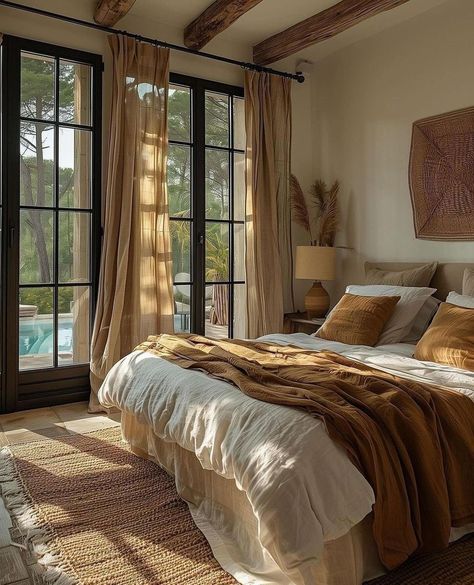 Bedroom Ideas With Lots Of Windows, Earthy Cottage Bedroom, Simple Cozy Room Ideas, Meditterean Bedroom, Cozy Main Bedroom, Bedroom With Door To Outside, Simple Earth Tone Bedroom, Earthy Master Room Bedroom Ideas, Wood Room Ideas