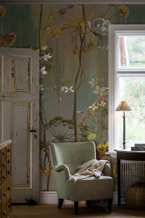 Mural Style Wallpaper, Vintage Wall Murals, Mural Wallpaper Bedroom, Home Ideas Kitchen, Home Drawing, Drawing Home, Interior Murals, Home Decor Aesthetic, Vintage Flowers Wallpaper