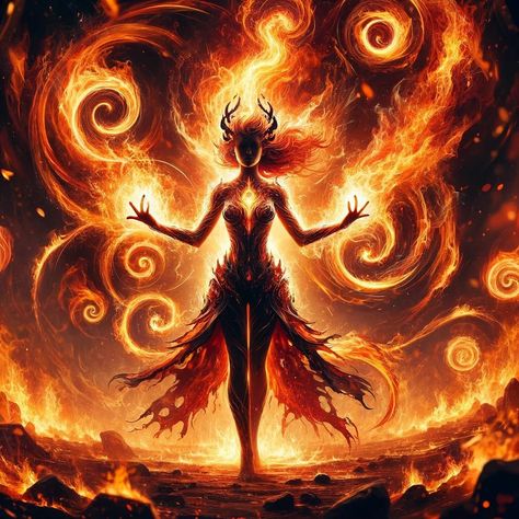 Flow of the Elements #aiart #aiartworks #aiartdaily #generativeart #aiartcommunity #digitalart #generatedart #art #digitalpainting #artist #artwork #digitalartist #characterdesign #characterart #fantasyart #fantasyartwork #fantasy #elements Fire Lady Art, Fire Fairy Drawing, Fire Queen Art, Fire Goddess Aesthetic, Elements As People, Fire Element Art, Fire Elemental Female, Fire Goddess Art, Fire Magic Aesthetic