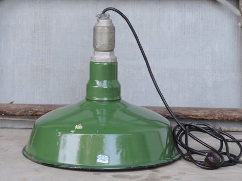 "Vintage Industrial Lighting. Green enameled Porcelain Ivanhoe reflector with single socket, wired featuring 100ft. cord Original Vintage 14\" diameter Ivanhoe Line Deep Dome Barn Light, Industrial Lighting. Trendy Vintage Porcelain Enamel over steel Barn Light, Factory Light, Industrial Pendant. Original and fully functional late 1930's American Vintage Industrial Interior single socket, electric, Ivanhoe Line Pendant light. Designed and fabricated by the Miller Company, Meriden, Ct. The Green Green Enamel Pendant Light, Green Glass Pendant Light, Island Bungalow, Vintage Industrial Interior, Industrial Studio, Pipe Lamps, Green Pendant Light, Lighting Diy, Deer Camp