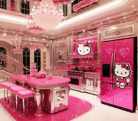 Kitchen Hello Kitty, Hello Kitty Theme Room Bedroom Ideas, Hello Kitty Mansion, Hello Kitty Stuff Aesthetic, Hello Kitty House Decor, Hello Kitty Apartment, Hello Kitty Display, Pink Hello Kitty Room, Hello Kitty Themed Room