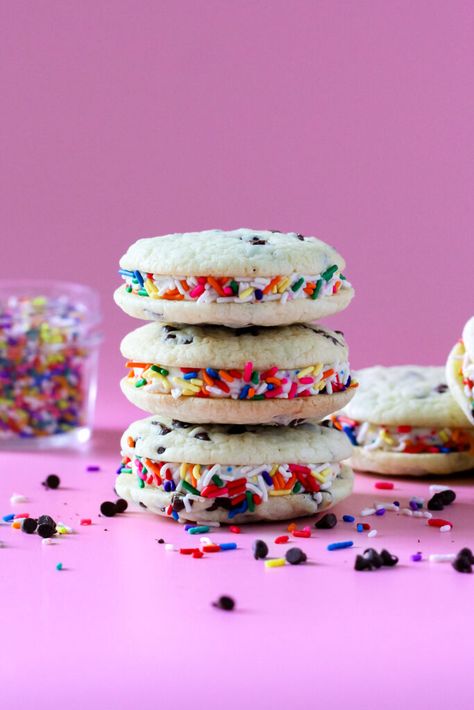 Rainbow Chocolate Chip Cookie Sandwiches - Life & Sprinkles by Taryn Camp Rainbow Chocolate, Cake Mix Cookie, Rainbow Cookie, Baking Conversions, Wedding Cake Cookies, Cookie Sandwiches, Boxed Cake, Rainbow Cookies, At The Mall