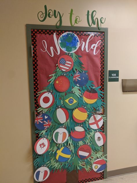 Christmas Around The World Classroom Door, Holidays Around The World Classroom Door, Holidays Around The World Door Decorating Contest, Christmas Around The World Door Contest, Hanukkah Classroom Door Decorations, Joy To The World Door Decorating Contest, Holiday Around The World Door Decoration, Christmas Around The World Decorations Bulletin Boards, Spanish Christmas Door Decorations