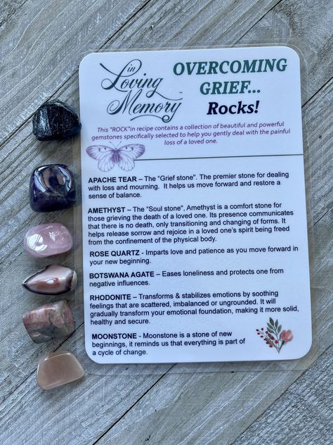 Excited to share this item from my #etsy shop: CRYSTALS for GRIEF #griefmourning #deathofalovedone #grief #crystalsforgrief Bag Of Crystals, Dealing With Loss, Apache Tears, Product Card, Soul Stone, Wiccan Magic, Witch Spirituality, Witch Stuff, Comfort Quotes