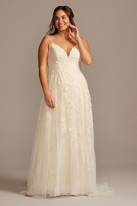 A-Line Plus Size Wedding Dress with Double Straps | David's Bridal Renewal Vows, Sweet Wedding Dresses, Bodice Wedding Dress, Rustic Wedding Gowns, Beaded Corset, Beach Bridal Dresses, Melissa Sweet, Plus Size Wedding Dress, Wedding Dress Style