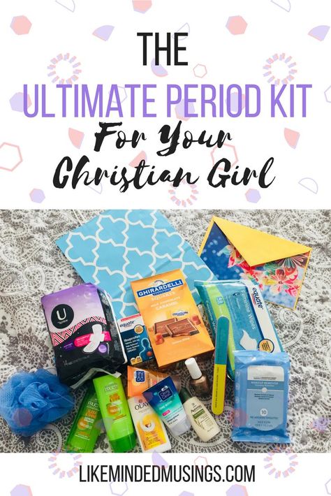 Your daughter has her first period? Here's Help Mom! The Ultimate Period Kit For Your Christian Girl and 5 Tips to handle your daughters first period in a God honoring way! Join me on Like Minded Musings Today! First Period Kit Daughters, Period Starter Kit, Biblical Motherhood, Period Party, Period Box, First Period Kits, School Emergency Kit, Feminine Wipes, Period Kit