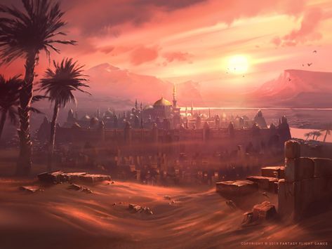 ArtStation - Desert Sunset, Nele Diel Desert Aesthetic, Deserts Of The World, Sunset City, Desert Art, Desert Sunset, Fantasy City, Fantasy Places, Fantasy Art Landscapes, Fantasy Aesthetic