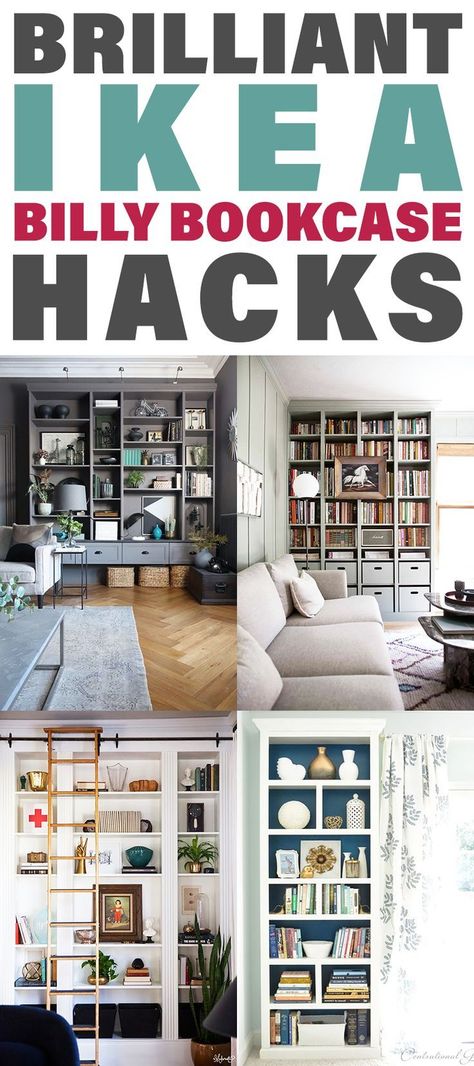 Brilliant IKEA Billy Bookcase Hacks that will add the perfect touch to your home decor. These budget friendly, cost effective hacks will turn a simple bookshelf into a piece that looks like it came out of the New York Library. So if you want a great expensive look on the cheap... try one of these IKEA Hacks that will amaze. #IKEAHacks #BillyBookcaseIKEAHacs #IKEABillyBookcaseHacks #HomeDecorIKEAHacks #IKEA #Hacks #HomeDecorHacks Ikea Hack Bookcase, Book Storage Ideas, Diy Kallax, Ikea Hack Living Room, Wall Storage Diy, Ikea Hack Bedroom, Ikea Hack Kids, Billy Ikea, Closet Ikea