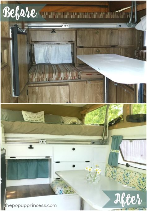 What a gorgeous makeover!  It doesn't even look like the same camper.  I'm in love! Cab Over Truck Camper Remodel, Skamper Camper Remodel, Popup Truck Camper, Pop Up Truck Camper Remodel, Truck Camper Remodel Interiors, Slide In Truck Camper Remodel, Slide In Camper Remodel, Cabover Camper Remodel, Truck Bed Camper Remodel