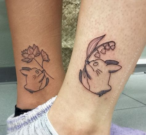 Studio Ghibli Matching Tattoo Ideas, Totoro Sister Tattoo, Ghibli Friendship Tattoo, Studio Ghibli Sister Tattoo, Matching Tattoos Ghibli, Totoro Matching Tattoo, Matching Totoro Tattoos, Small Totoro Tattoo, Matching Ghibli Tattoos