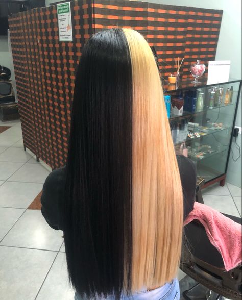 Black Blonde Split Dye, Split Dye Black And Blonde, Half N Half Hair Color, Split Dyed Hair Black And Blonde, Black And Blonde Split Dye, Half Brown Half Blonde Hair Split, Half Black Half Blonde Hair, Blonde Split Dye, Half Blonde Half Black Hair