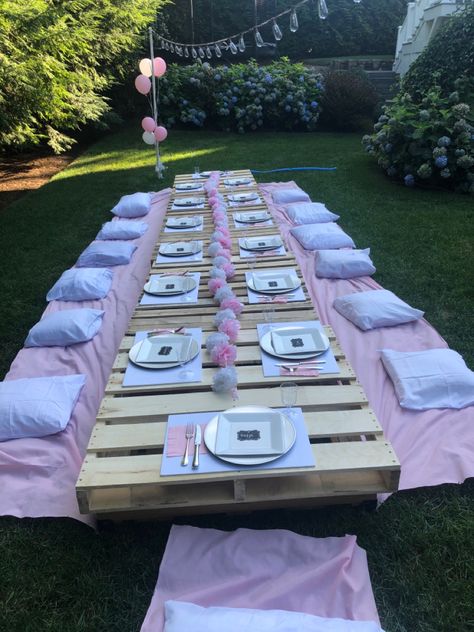 Birthday Decorations Picnic, Birthday Picnic Simple, Picnic Bday Party Ideas Aesthetic, Outdoor Park Birthday Party Picnic Ideas, Pic Nic Birthday Party Aesthetic, Pallet Picnic, Graduation Picnic, Baby Shower Color Themes, Beach Picnic Party